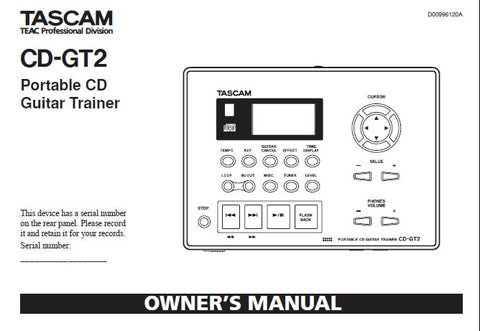 TASCAM CD-GT2 PORTABLE CD GUITAR TRAINER OWNER'S MANUAL INC CONN DIAGS 44 PAGES ENG