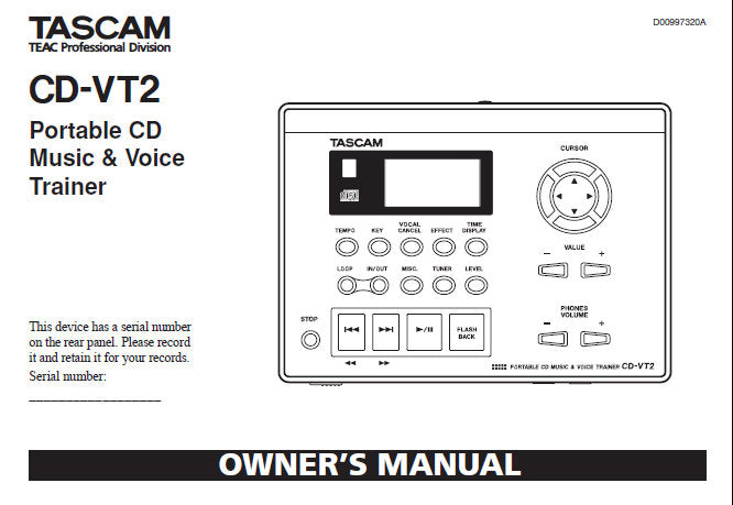 TASCAM CD-VT2 PORTABLE CD MUSIC AND VOICE TRAINER OWNER'S MANUAL INC CONN DIAGS 40 PAGES ENG