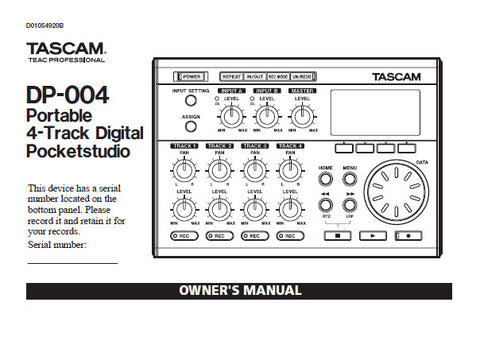 TASCAM DP-004 PORTABLE 4 TRACK DIGITALPOCKETSTUDIO OWNER'S MANUAL INC CONN DIAGS BLK DIAG AND TRSHOOT GUIDE 112 PAGES ENG