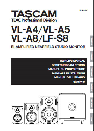 TASCAM LFS-8 VL-A8 VL-A5 VL-A4 BI-AMPLIFIED NEARFIELD STUDIO MONITOR OWNER'S MANUAL INC BLK DIAG 56 PAGES ENG DEUT FRANC ITAL ESP