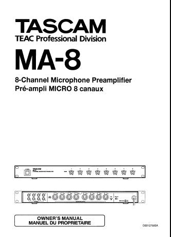 TASCAM MA-8 8 CHANNEL MICROPHONE PREAMPLIFIER OWNER'S MANUAL INC BLK DIAG 6 PAGES ENG FRANC