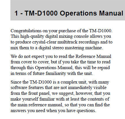 TASCAM TM-D1000 DIGITAL MIXING CONSOLE OPERATIONS MANUAL 37 PAGES ENG