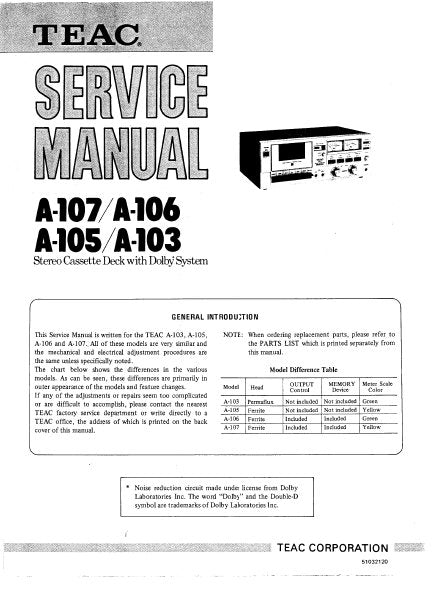 TEAC A-103 A-105 A-106 A-107 STEREO CASSETTE DECK SERVICE MANUAL INC SCHEM DIAGS 52 PAGES ENG