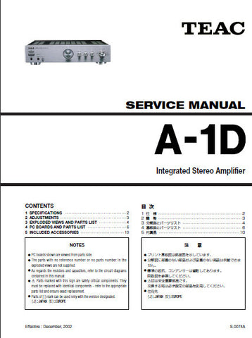 TEAC A-1D INTEGRATED STEREO AMPLIFIER SERVICE MANUAL INC PCBS SCHEM DIAGS AND PARTS LIST 25 PAGES ENG