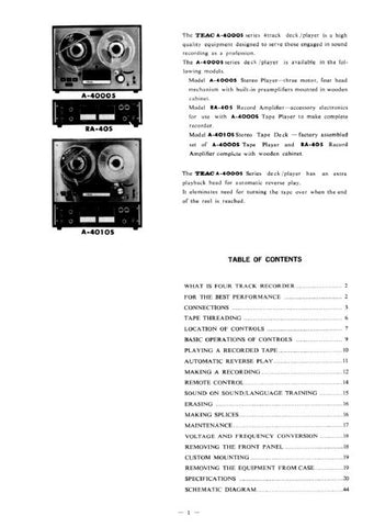 TEAC A-4000S STEREO TAPE DECK RA-405 STEREO AMPLIFIER A-4010S STEREO TAPE RECORDER SERVICE MANUAL INC SCHEM DIAG 23 PAGES ENG