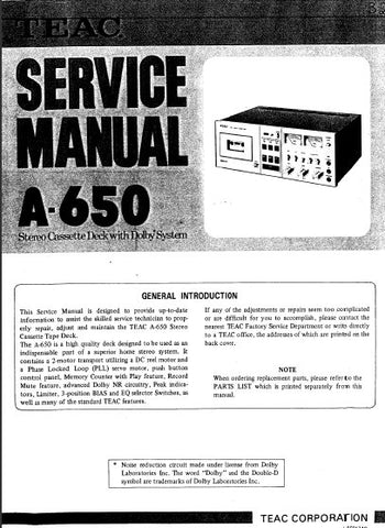 TEAC A-650 STEREO CASSETTE DECK SERVICE MANUAL INC SCHEM DIAGS 63 PAGES ENG