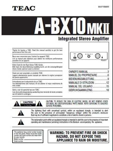 TEAC A-BX10MKII INTEGRATED STEREO AMPLIFIER OWNER'S MANUAL 20 PAGES ENG FRANC DEUT ITAL ESP NL