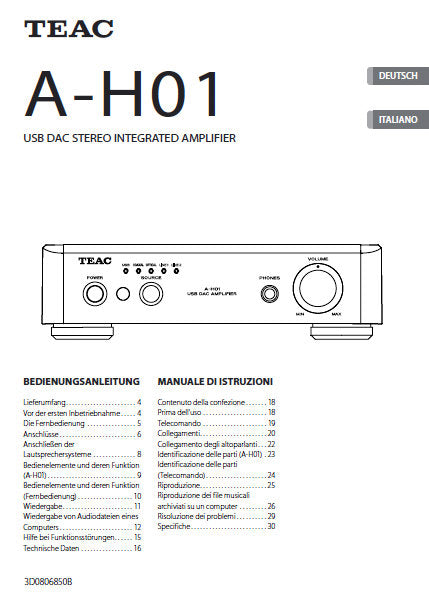 TEAC A-H01 USB DAC STEREO INTEGRATED AMPLIFIER BEDIENUNGSANLEITUNG MANUALE DI ISTRUZIONI 32 PAGES DEUT ITAL