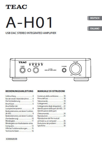 TEAC A-H01 USB DAC STEREO INTEGRATED AMPLIFIER BEDIENUNGSANLEITUNG MANUALE DI ISTRUZIONI 32 PAGES DEUT ITAL