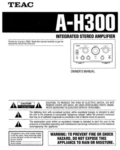 TEAC A-H300 INTEGRATED STEREO AMPLIFIER OWNER'S MANUAL INC CONN DIAG 7 PAGES ENG