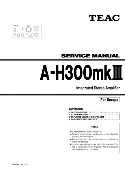 TEAC A-H300mkIII INTEGRATED STEREO AMPLIFIER SERVICE MANUAL INC BLK DIAG PCBS SCHEM DIAGS AND PARTS LIST 11 PAGES ENG