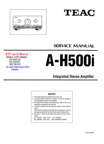 TEAC A-H5001i INTEGRATED STEREO AMPLIFIER SERVICE MANUAL INC BLK DIAG PCBS SCHEM DIAGS AND PARTS LIST 27 PAGES ENG