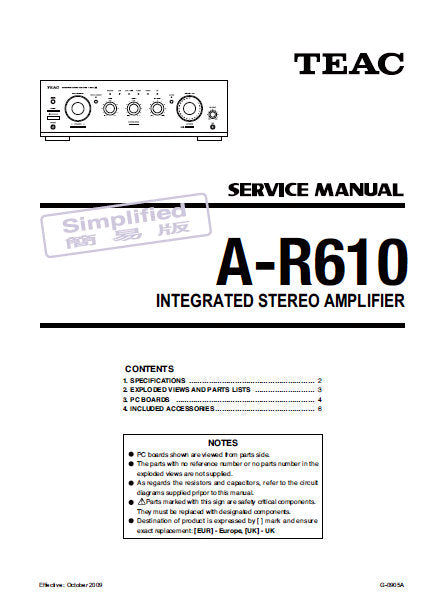 TEAC A-R610 INTEGRATED STEREO AMPLIFIER SERVICE MANUAL INC BLK DIAG PCBS SCHEM DIAGS AND PARTS LIST 54 PAGES ENG