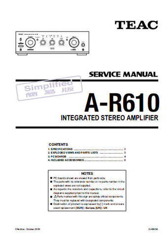 TEAC A-R610 INTEGRATED STEREO AMPLIFIER SERVICE MANUAL INC BLK DIAG PCBS SCHEM DIAGS AND PARTS LIST 54 PAGES ENG