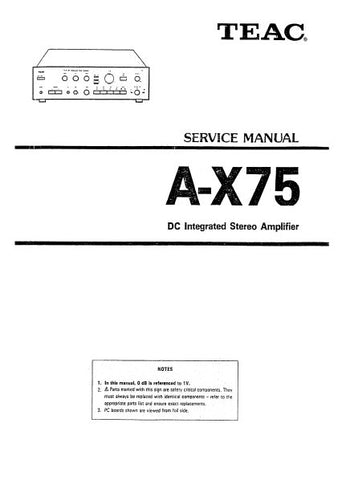 TEAC A-X75 DC INTEGRATED STEREO AMPLIFIER SERVICE MANUAL INC BLK DIAG PCBS SCHEM DIAG AND PARTS LIST 17 PAGES ENG