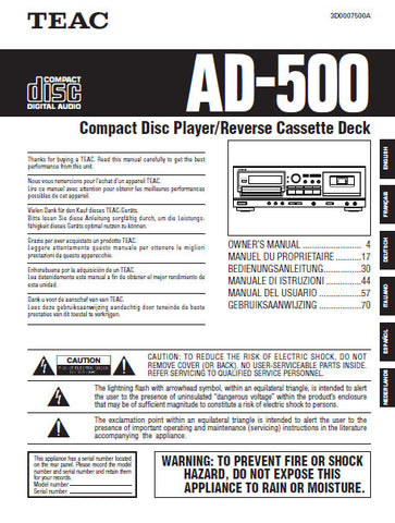 TEAC AD-500 CD PLAYER REVERSE CASSETTE DECK OWNER'S MANUAL 84 PAGES ENG FRANC DEUT ITAL ESP NL