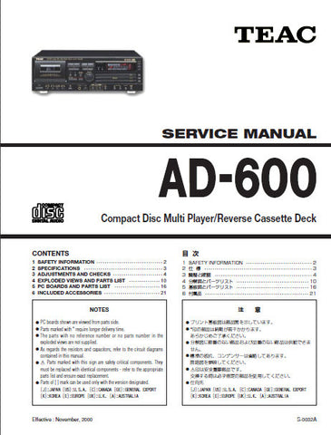 TEAC AD-600 CD MULTIPLAYER REVERSE CASSETTE DECK SERVICE MANUAL INC PCBS AND EXPL VIEW 21 PAGES ENG