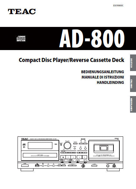 TEAC AD-800 CD PLAYER REVERSE CASSETTE DECK BEDIENUNGSANLEITUNG 112 PAGES DEUT ITAL NL