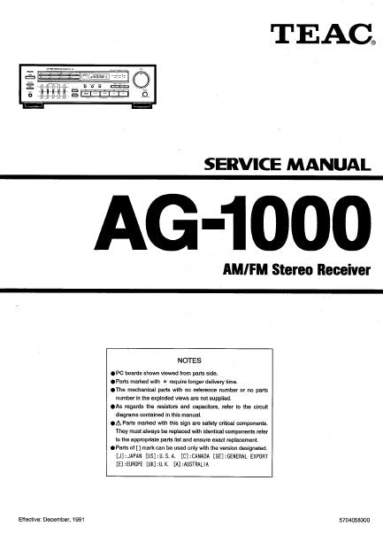 TEAC AG-1000 AM FM STEREO RECEIVER SERVICE MANUAL INC PCBS AND PARTS LIST 16 PAGES ENG