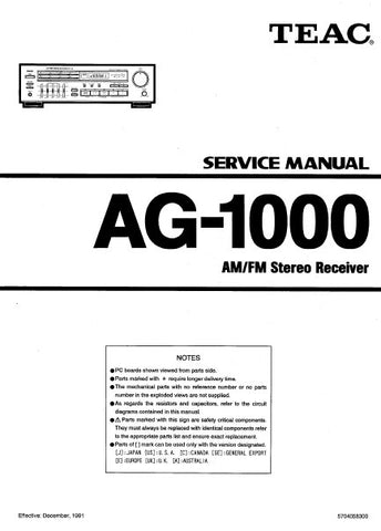TEAC AG-1000 AM FM STEREO RECEIVER SERVICE MANUAL INC PCBS AND PARTS LIST 16 PAGES ENG