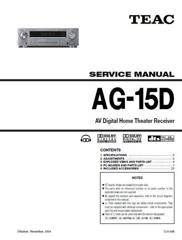 TEAC AG-15D AV DIGITAL HOME THEATER RECEIVER SERVICE MANUAL INC PCBS AND PARTS LIST 23 PAGES ENG