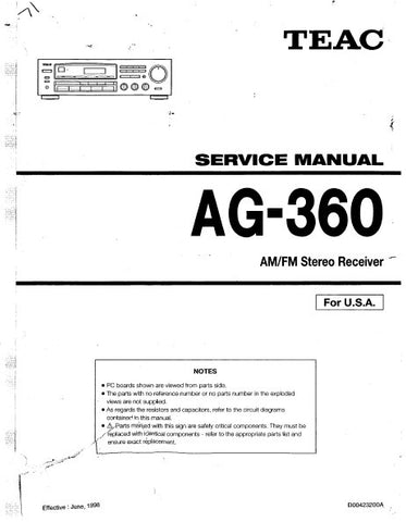 TEAC AG-360 AM FM STEREO RECEIVER SERVICE MANUAL INC PCBS SCHEM DIAG AND PARTS LIST 14 PAGES ENG