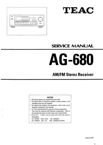 TEAC AG-680 AM FM STEREO RECEIVER SERVICE MANUAL INC BLK DIAG PCBS SCHEM DIAGS AND PARTS LIST 20 PAGES ENG