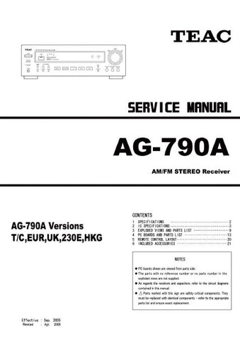 TEAC AG-790A AM FM STEREO RECEIVER SERVICE MANUAL INC BLK DIAG PCBS AND PARTS LIST 21 PAGES ENG