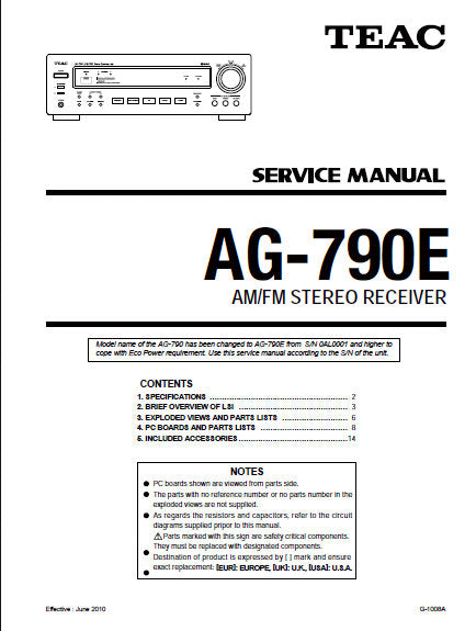 TEAC AG-790E AM FM STEREO RECEIVER SERVICE MANUAL INC BLK DIAG PCBS SCHEM DIAGS AND PARTS LIST 21 PAGES ENG