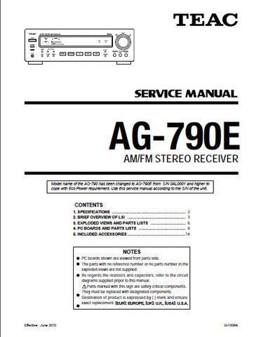 TEAC AG-790E AM FM STEREO RECEIVER SERVICE MANUAL INC BLK DIAG PCBS SCHEM DIAGS AND PARTS LIST 21 PAGES ENG