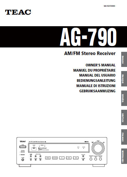 TEAC AG-790 AM FM STEREO RECEIVER OWNER'S MANUAL 98 PAGES ENG FRANC ESP DEUT ITAL NL