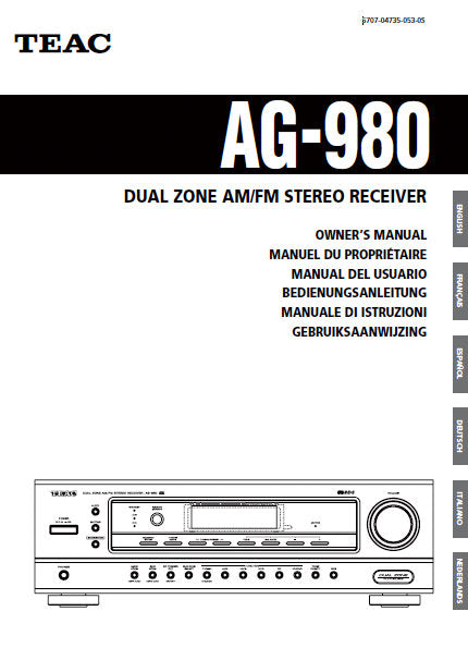 TEAC AG-980 DUAL ZONE AM FM STEREO RECEIVER OWNER'S MANUAL 136 PAGES ENG FRANC ESP DEUT ITAL NL