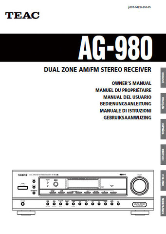 TEAC AG-980 DUAL ZONE AM FM STEREO RECEIVER OWNER'S MANUAL 136 PAGES ENG FRANC ESP DEUT ITAL NL
