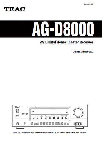TEAC AG-D8000 AV DIGITAL HOME THEATER RECEIVER OWNER'S MANUAL 28 PAGES ENG