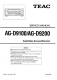 TEAC AG-D9100 AG-D9200 AV SURROUND RECEIVER SERVICE MANUAL INC BLK DIAG PCBS SCHEM DIAGS AND PARTS LIST 25 PAGES ENG