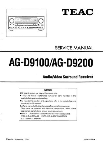 TEAC AG-D9100 AG-D9200 AV SURROUND RECEIVER SERVICE MANUAL INC BLK DIAG PCBS SCHEM DIAGS AND PARTS LIST 25 PAGES ENG