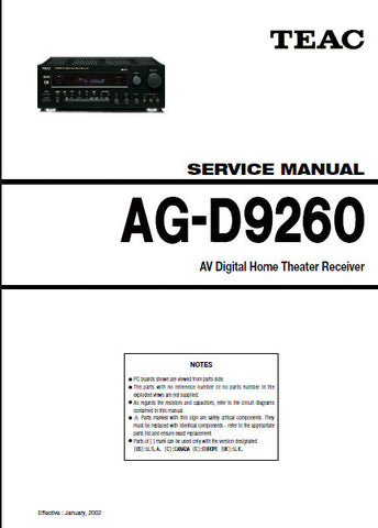 TEAC AG-D9260 AV DIGITAL HOME THEATER RECEIVER SERVICE MANUAL INC PCBS AND PARTS LIST 29 PAGES ENG
