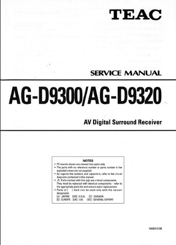 TEAC AG-D9300 AG-D9320 AV DIGITAL SURROUND RECEIVER SERVICE MANUAL INC BLK DIAGS PCBS SCHEM DIAGS AND PARTS LIST 30 PAGES ENG