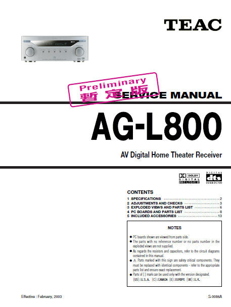 TEAC AG-L800 AV DIGITAL HOME THEATER RECEIVER SERVICE MANUAL INC BLK DIAG PCBS SCHEM DIAGS AND PARTS LIST 20 PAGES ENG