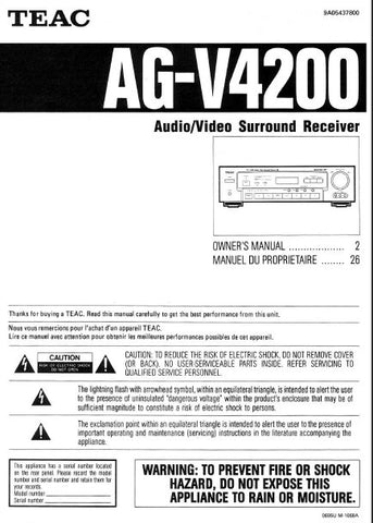 TEAC AG-V4200 AV SURROUND RECEIVER OWNER'S MANUAL 47 PAGES ENG FRANC