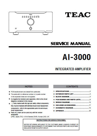 TEAC AI-3000 INTEGRATED AMPLIFIER SERVICE MANUAL INC PCBS SCHEM DIAGS AND PARTS LIST 37 PAGES ENG