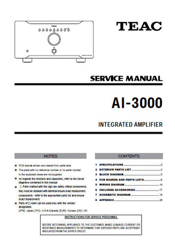 TEAC AI-3000 INTEGRATED AMPLIFIER SERVICE MANUAL INC BLK DIAG PCBS SCHEM DIAGS AND PARTS LIST 37 PAGES ENG