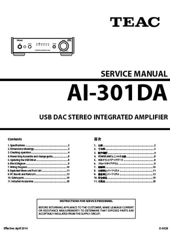 TEAC AI-301DA USB DAC STEREO INTEGRATED AMPLIFIER SERVICE MANUAL INC BLK DIAG PCBS SCHEM DIAGS AND PARTS LIST 75 PAGES ENG