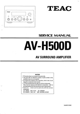 TEAC AV-H500D AV SURRROUND RECEIVER SERVICE MANUAL INC BLK DIAG PCBS SCHEM DIAGS AND PARTS LIST 19 PAGES ENG