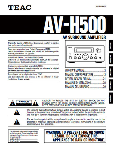 TEAC AV-H500 AV SURROUND AMPLIFIER OWNER'S MANUAL 48 PAGES ENG FRANC DEUT ITAL ESP