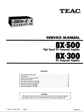 TEAC BX-300 DC INTEGRATED AMPLIFIER BX-500 HIGH SPEED DC INTEGRATED AMPLIFIER SERVICE MANUAL INC BLK DIAG LEVEL DIAG PCBS SCHEM DIAGS AND PARTS LIST 35 PAGES ENG