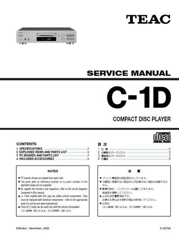 TEAC C-1D CD PLAYER SERVICE MANUAL INC PCBS AND PARTS LIST 9 PAGES ENG