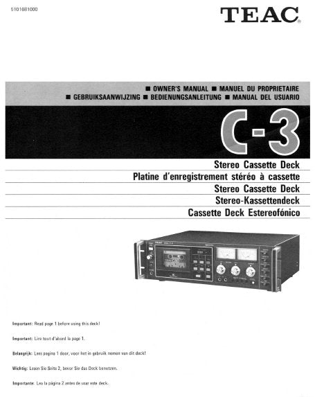 TEAC C-3 STEREO CASSETTE DECK OWNER'S MANUAL INC CONN DIAGS 23 PAGES ENG FRANC NL DEUT ESP