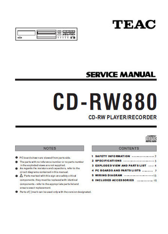 TEAC CD-RW880 CD-RW PLAYER RECORDER SERVICE MANUAL INC PCBS WIRING DIAG AND PARTS LIST 20 PAGES ENG
