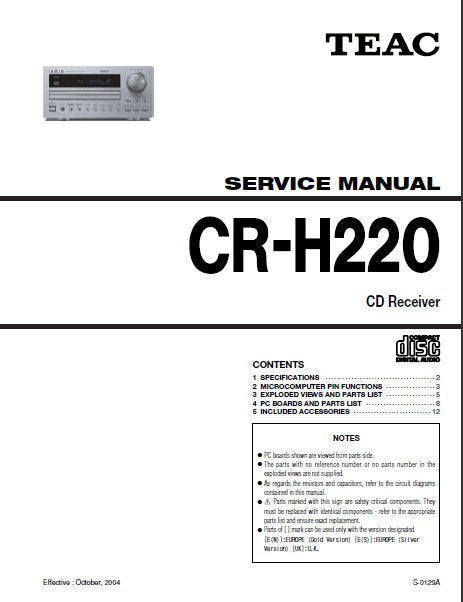 TEAC CR-H220 CD RECEIVER SERVICE MANUAL INC PCBS EXPL VIEW AND PARTS LIST 12 PAGES ENG